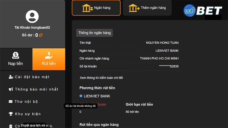 Hướng dẫn rút tiền W9bet về ngân hàng bằng điện thoại